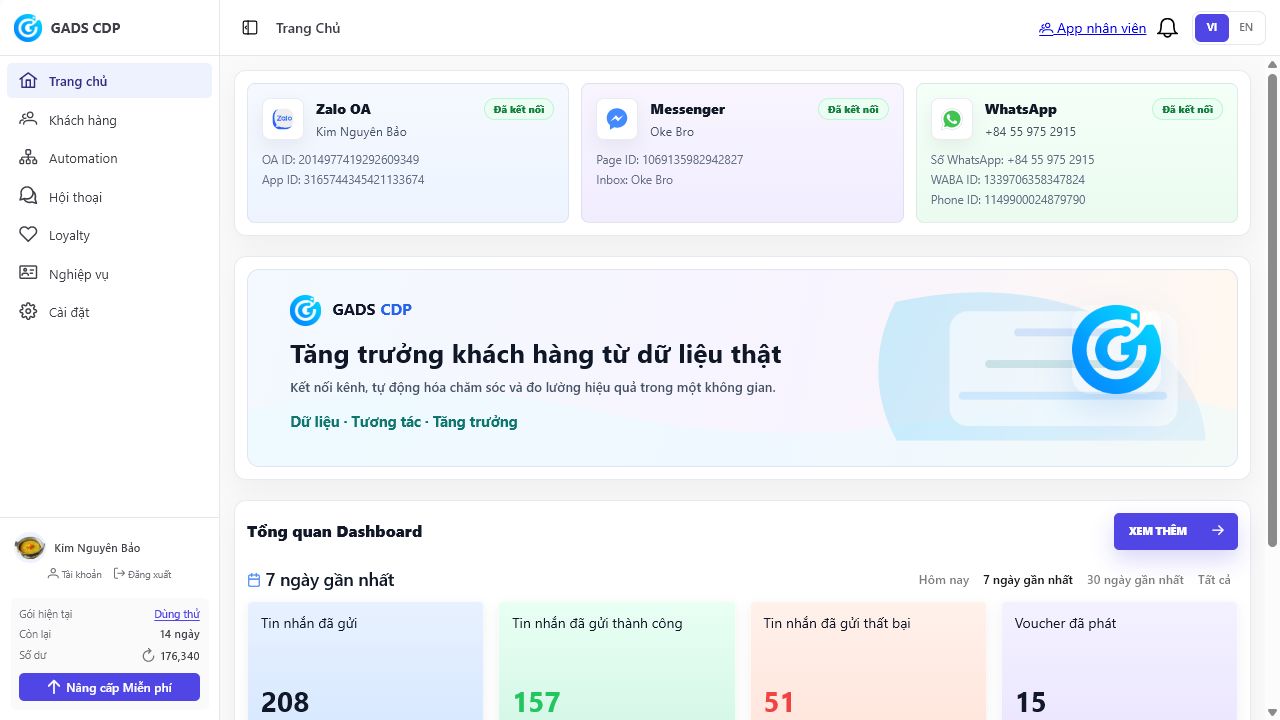 Màn hình sau khi đăng nhập GADS CDP